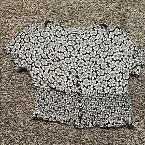 Urban Outfitters Black and White Smocked Short Sleeve Blouse